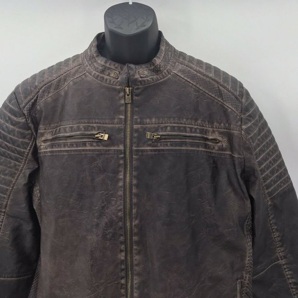 XRAY Slim-Fit Faux-Leather Brown Moto Jacket- XL - Picture 5 of 10